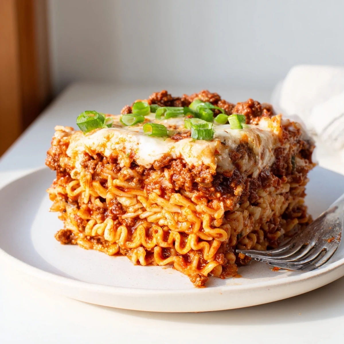 Mouthwatering spicy ramen lasagna with layers of creamy cheese and fragrant herbs.
