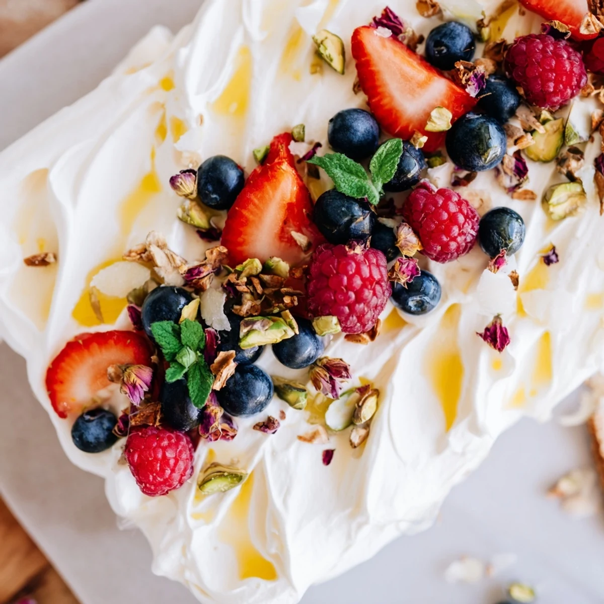A colorful Butter Board dessert version topped with fresh berries and drizzled honey.  