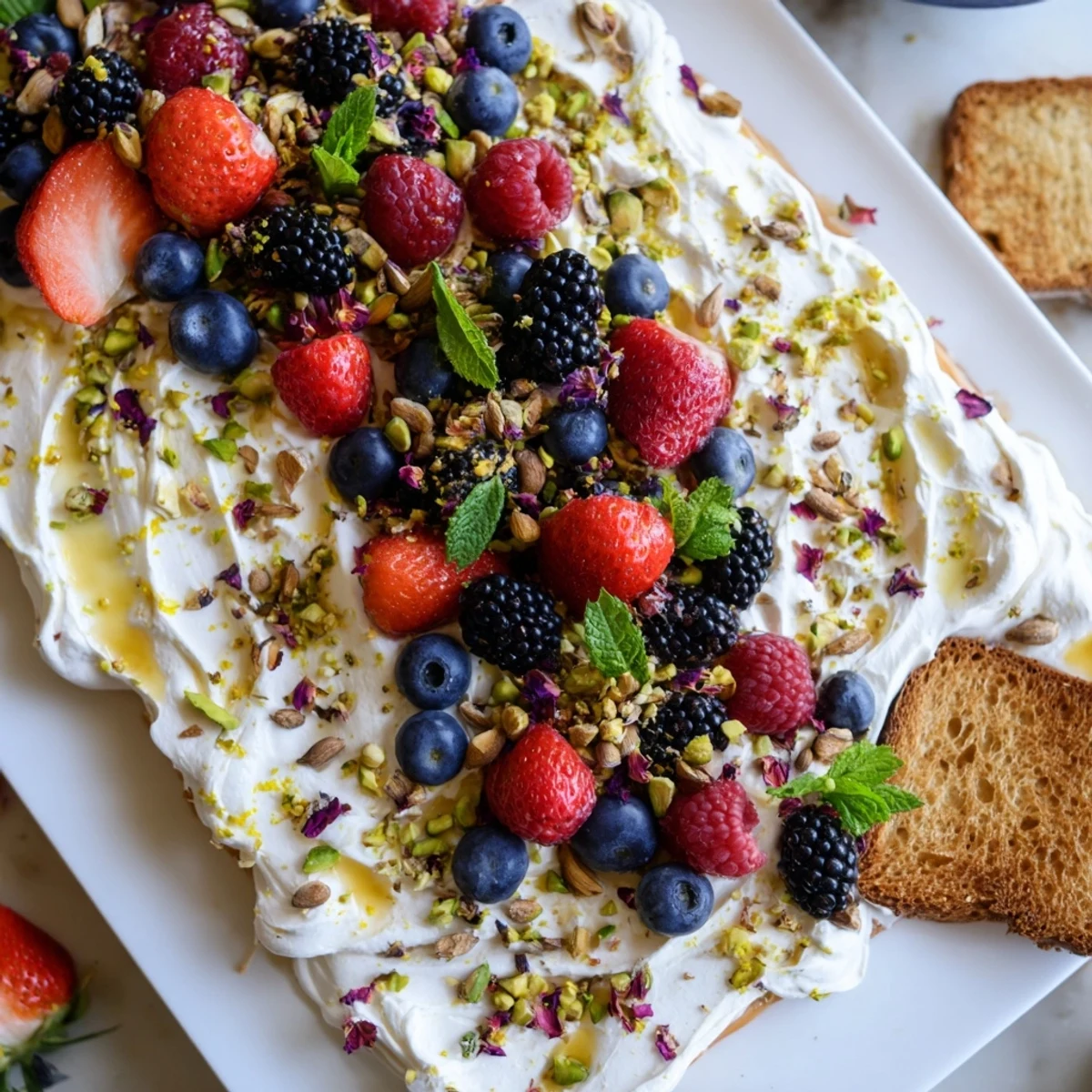 Creamy whipped flavored cream cheese accented by vibrant berries on a wooden platter.  