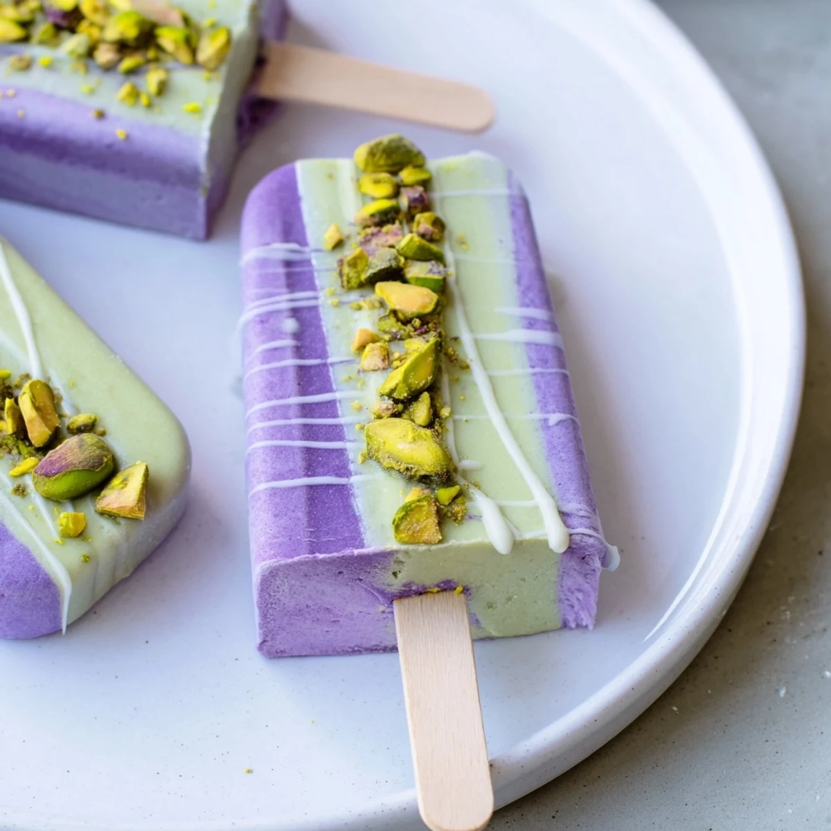 Creamy ube and pistachio ice cream bars drizzled with sweetened condensed milk.  