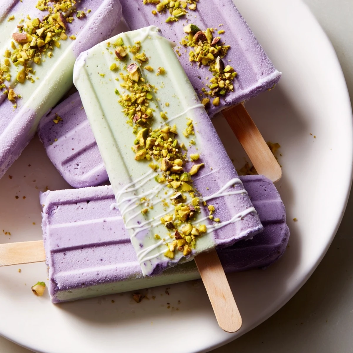 Delicious ube and pistachio ice cream bars topped with chopped pistachios.
