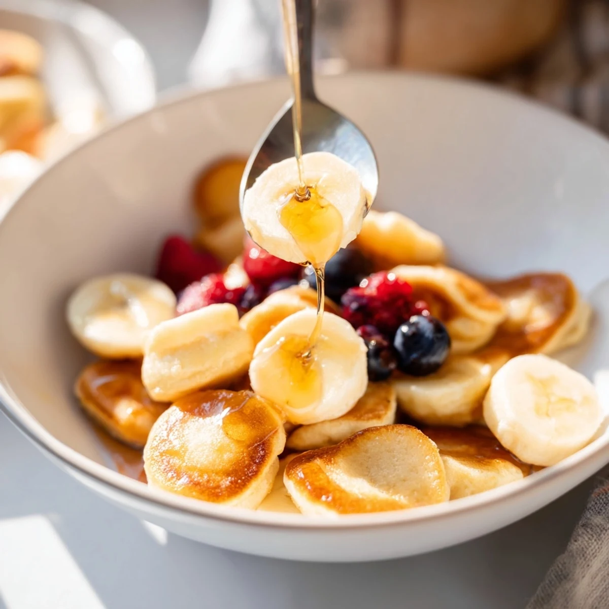 Delightful mini pancake cereal served in a bowl, ready to enjoy with milk.  