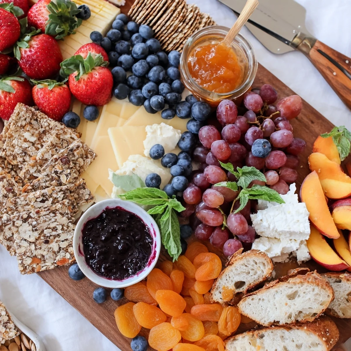 A colorful jam-infused brunch board filled with artisan bread and fresh fruits.  