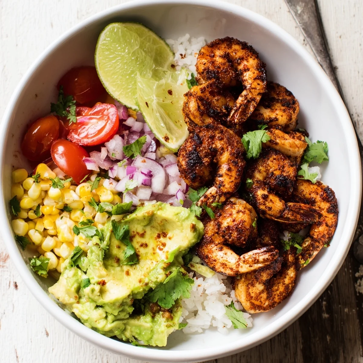 A colorful Blackened Shrimp Bowl topped with creamy avocado corn salsa and rice.  