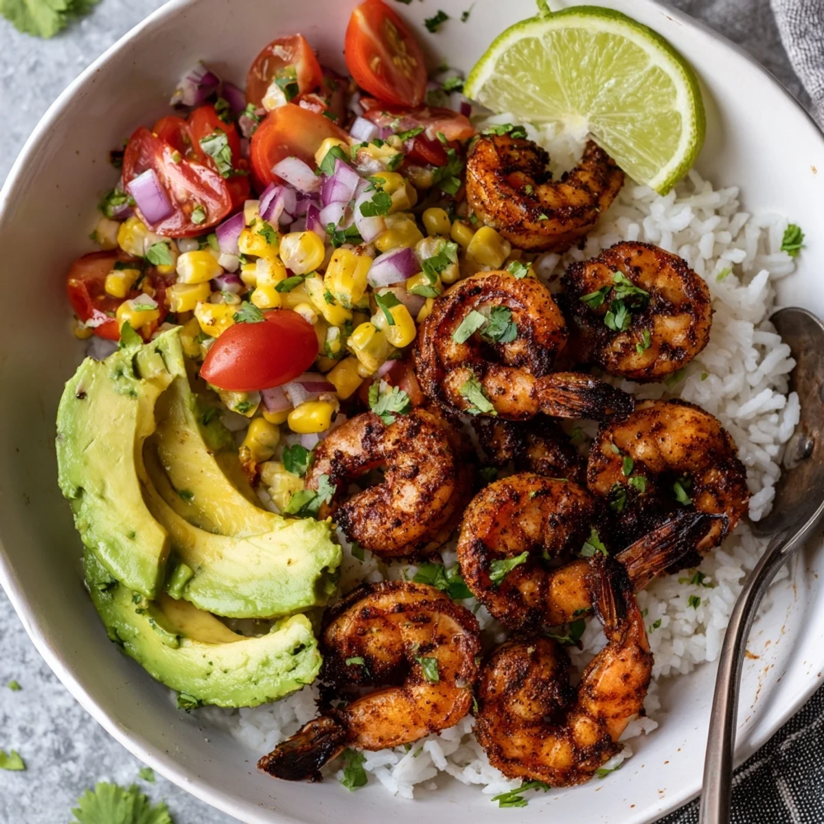 Spicy blackened shrimp nestled in rice, complemented by zesty avocado corn salsa.