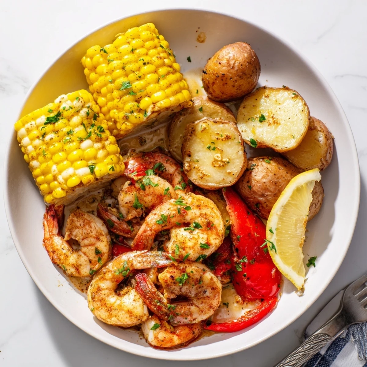 Sizzling Cajun shrimp and roasted corn served with fresh lemon wedges for zest.