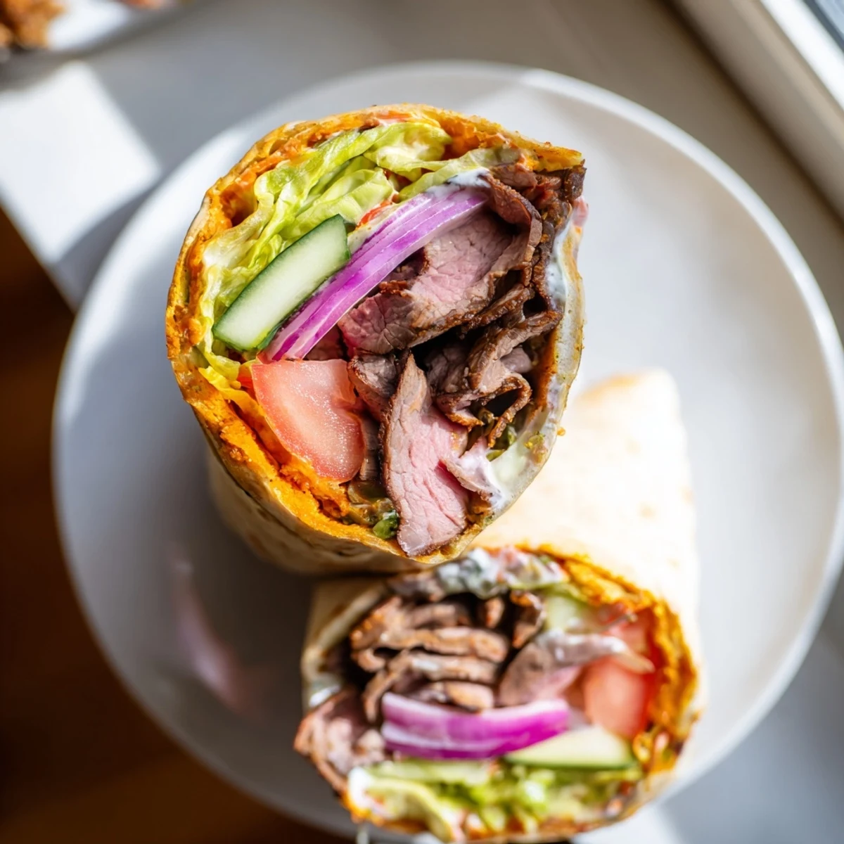Tender beef shawarma wraps with creamy yogurt sauce, fresh vegetables, and spices.  