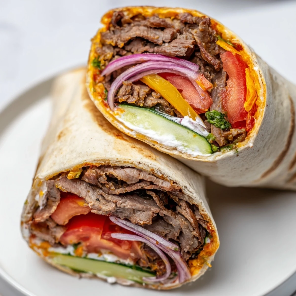 Savory beef shawarma wraps topped with creamy sauce and fresh ingredients, ready to enjoy.
