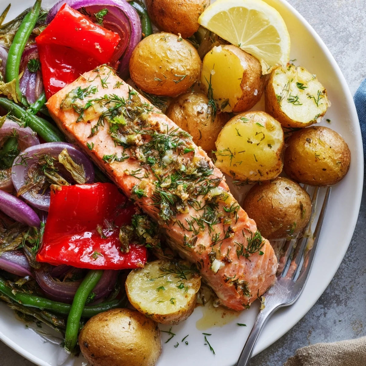 Golden brown Lemon Herb Salmon & Potato Sheet Pan, garnished with fresh herbs and lemon wedges.  