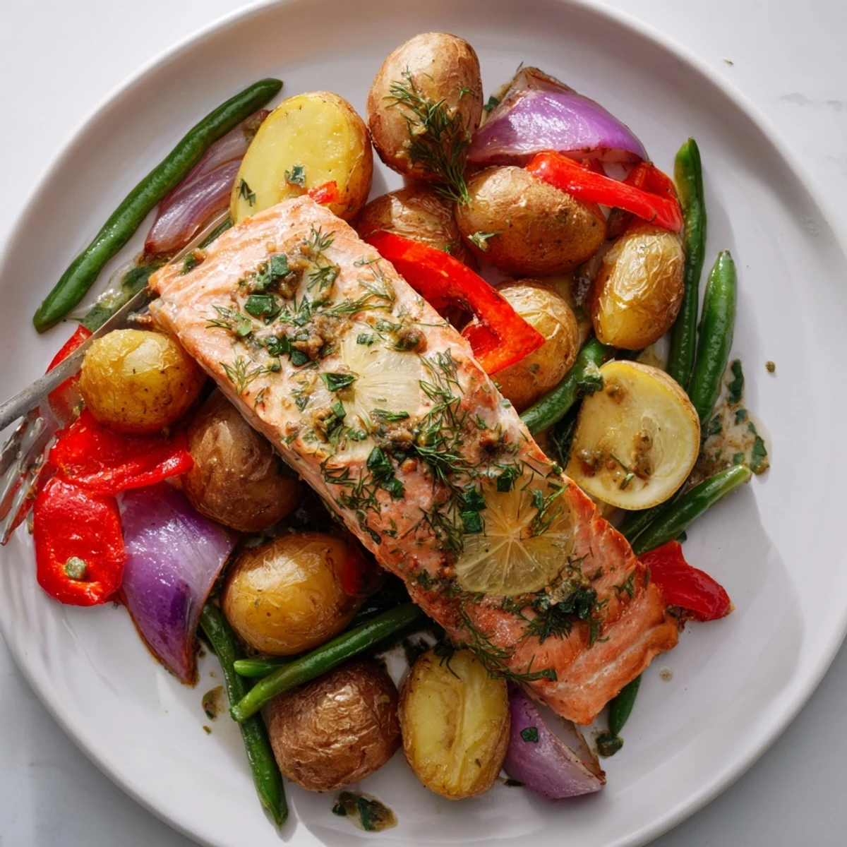 A delicious Lemon Herb Salmon & Potato Sheet Pan, with vibrant veggies and zesty flavor.  