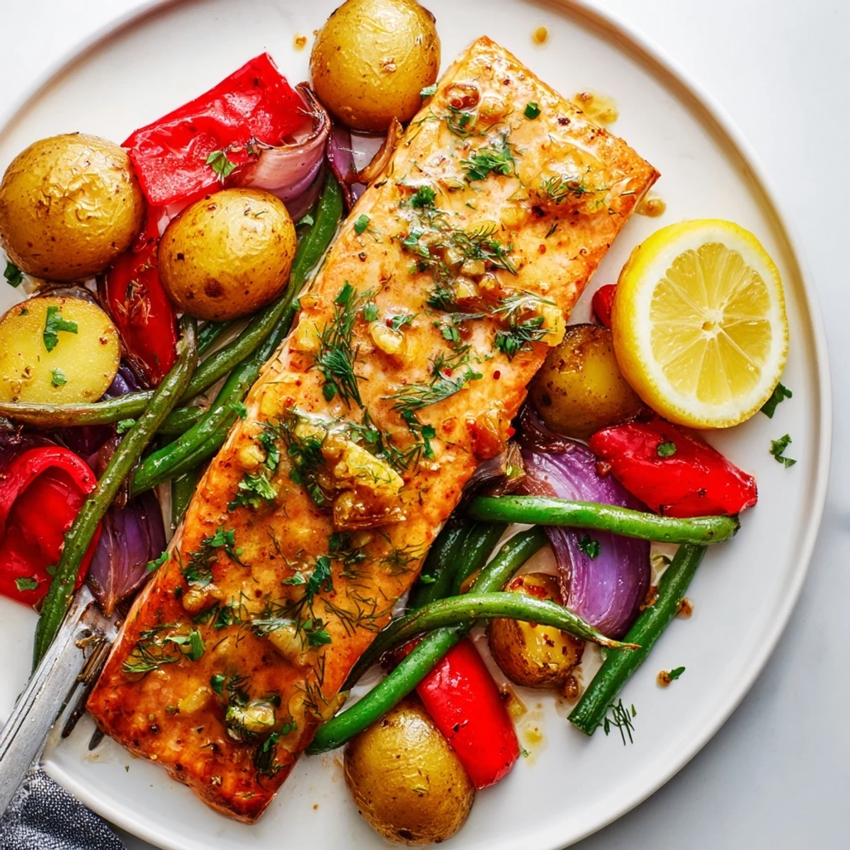Savory Lemon Herb Salmon & Potato Sheet Pan, featuring roasted potatoes and colorful veggies.