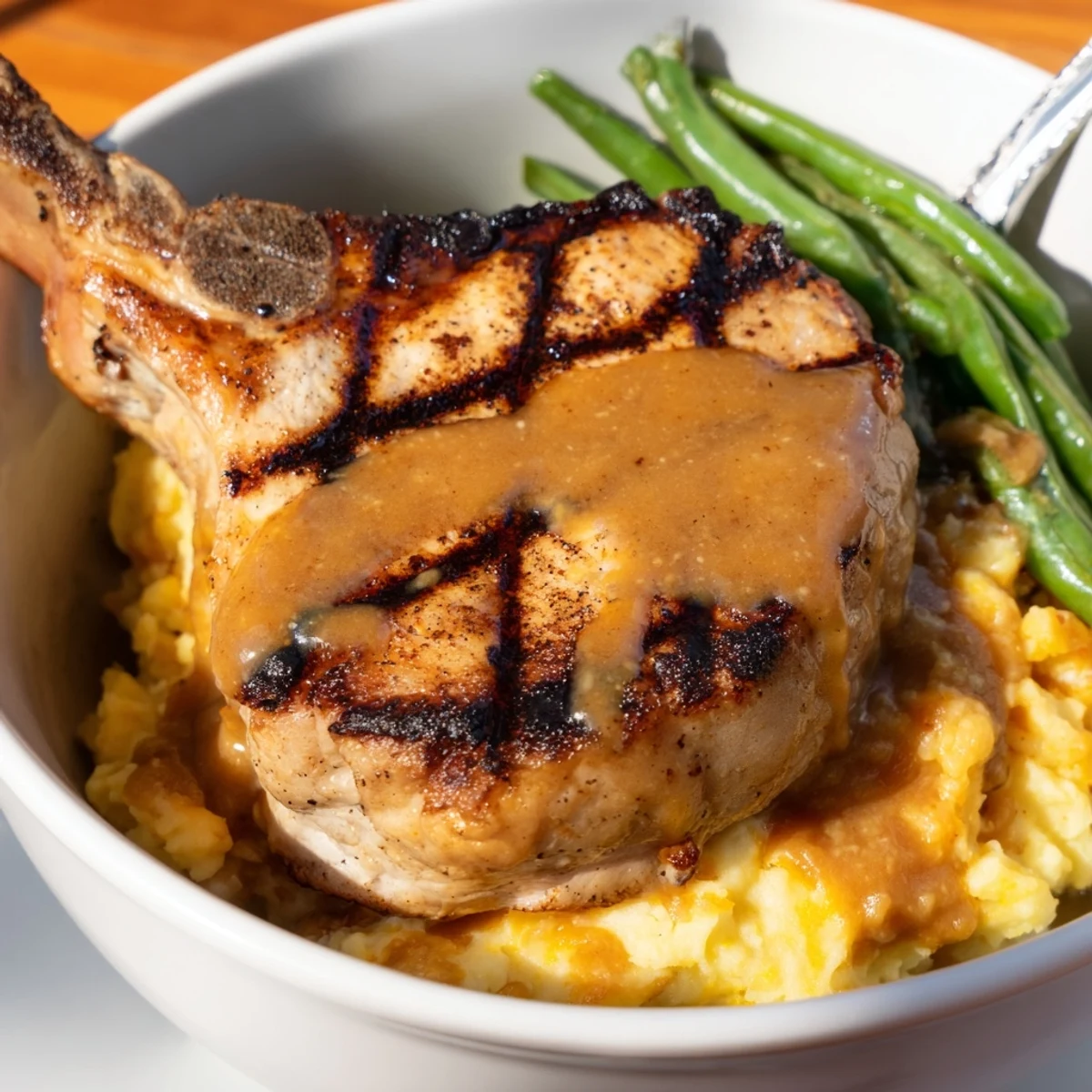 Juicy pork chops & cheddar mash bowl with rich pan gravy and vibrant green beans.