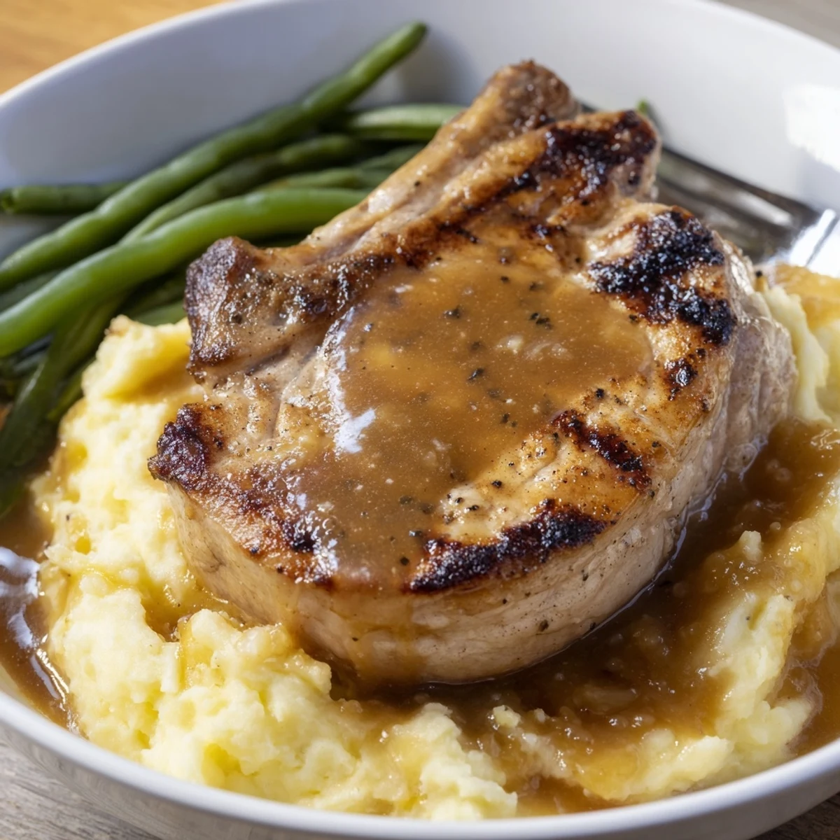 Hearty pork chops & cheddar mash bowl topped with savory gravy and fresh green beans.