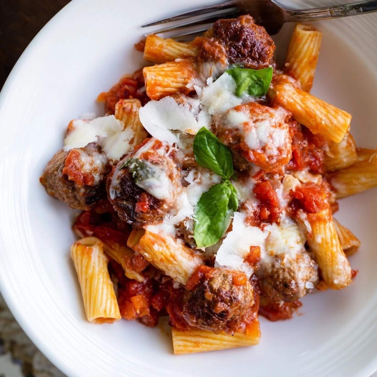 Hearty Italian Meatball Pasta Skillet in melted cheese with fresh basil garnish.  