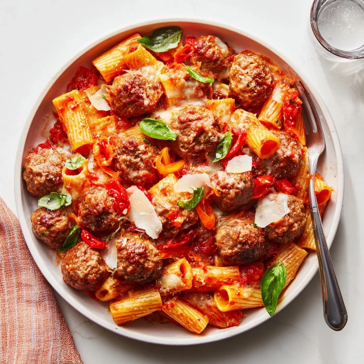 Flavorful Italian Meatball Pasta Skillet bubbling in rich tomato sauce, perfect for family meals.  