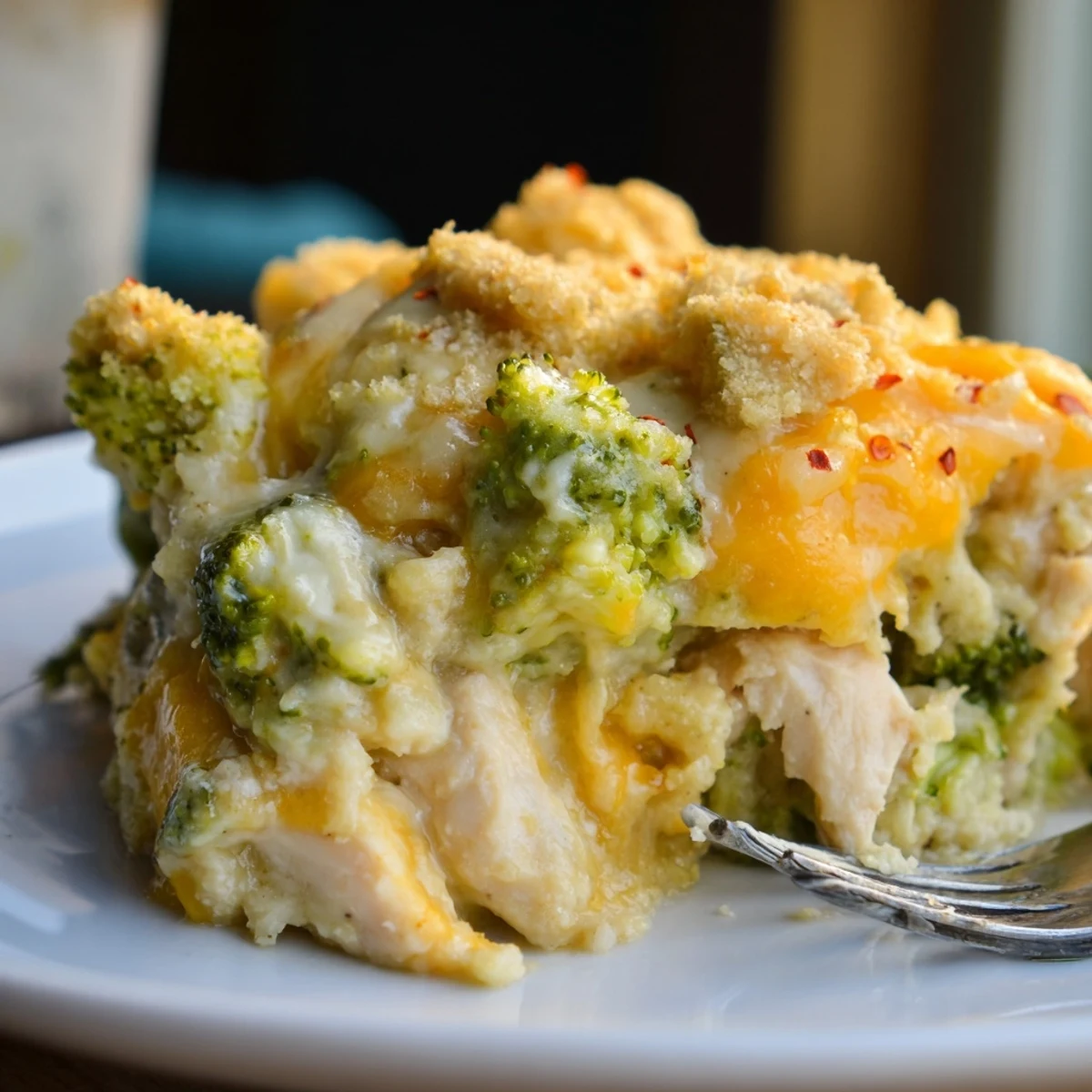 Creamy Chicken & Broccoli Cheddar Bake topped with golden, crispy panko breadcrumbs.  