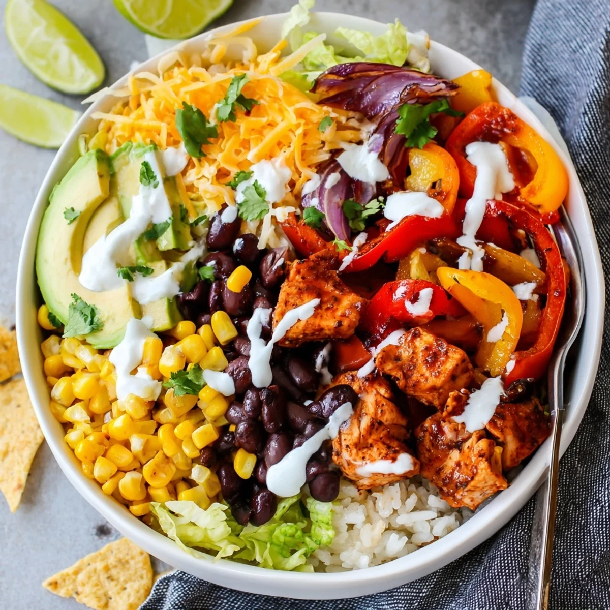 Juicy Sheet Pan Chicken Burrito Bowls filled with vibrant veggies and fresh toppings.