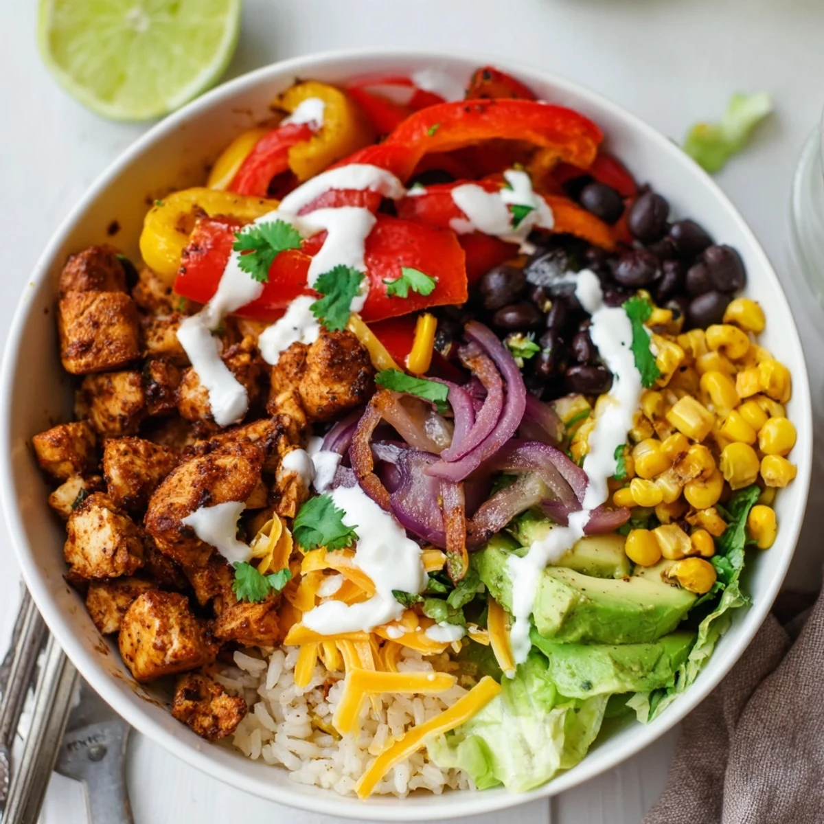 Colorful Sheet Pan Chicken Burrito Bowls, featuring roasted chicken, peppers, and creamy avocado.
