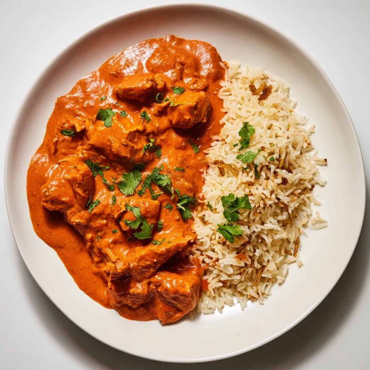 A steaming bowl of creamy butter chicken, surrounded by fluffy rice pilaf, ready to enjoy.