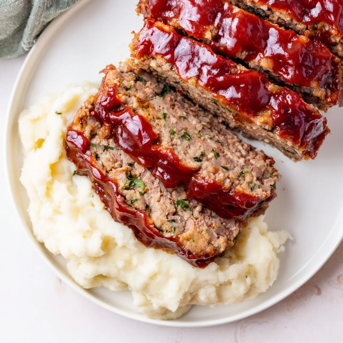 Juicy classic meatloaf, glazed with a sweet sauce, served alongside creamy mashed potatoes.