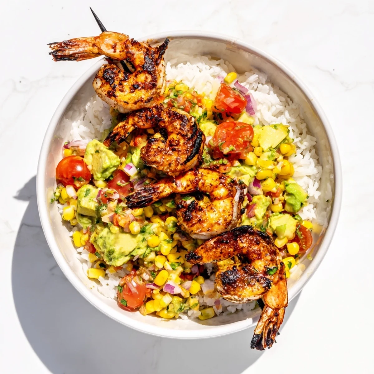 Vivid image of fresh Easy Grilled Shrimp Bowls topped with colorful salsa, perfect for a light summer meal.