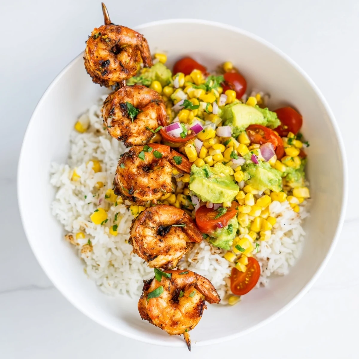 Juicy grilled shrimp nestled in flavorful Easy Grilled Shrimp Bowls with a vibrant avocado corn salsa.