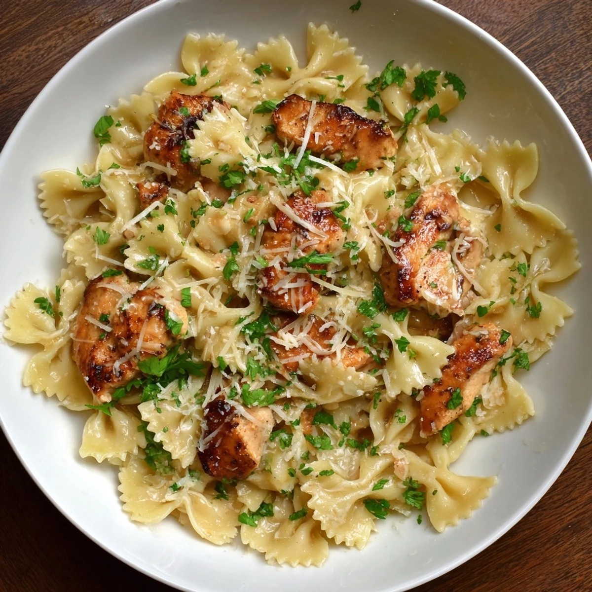 Creamy Mozzarella Garlic Butter Chicken Bowties, a comforting pasta dish with melted cheese and fresh herbs.