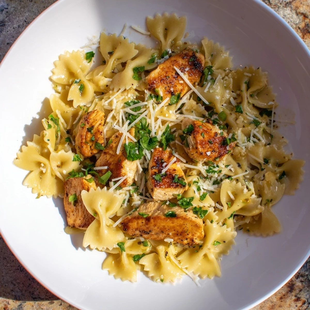 Golden-brown chicken pieces mingle with bowtie pasta in this delicious Mozzarella Garlic Butter Chicken Bowties recipe.