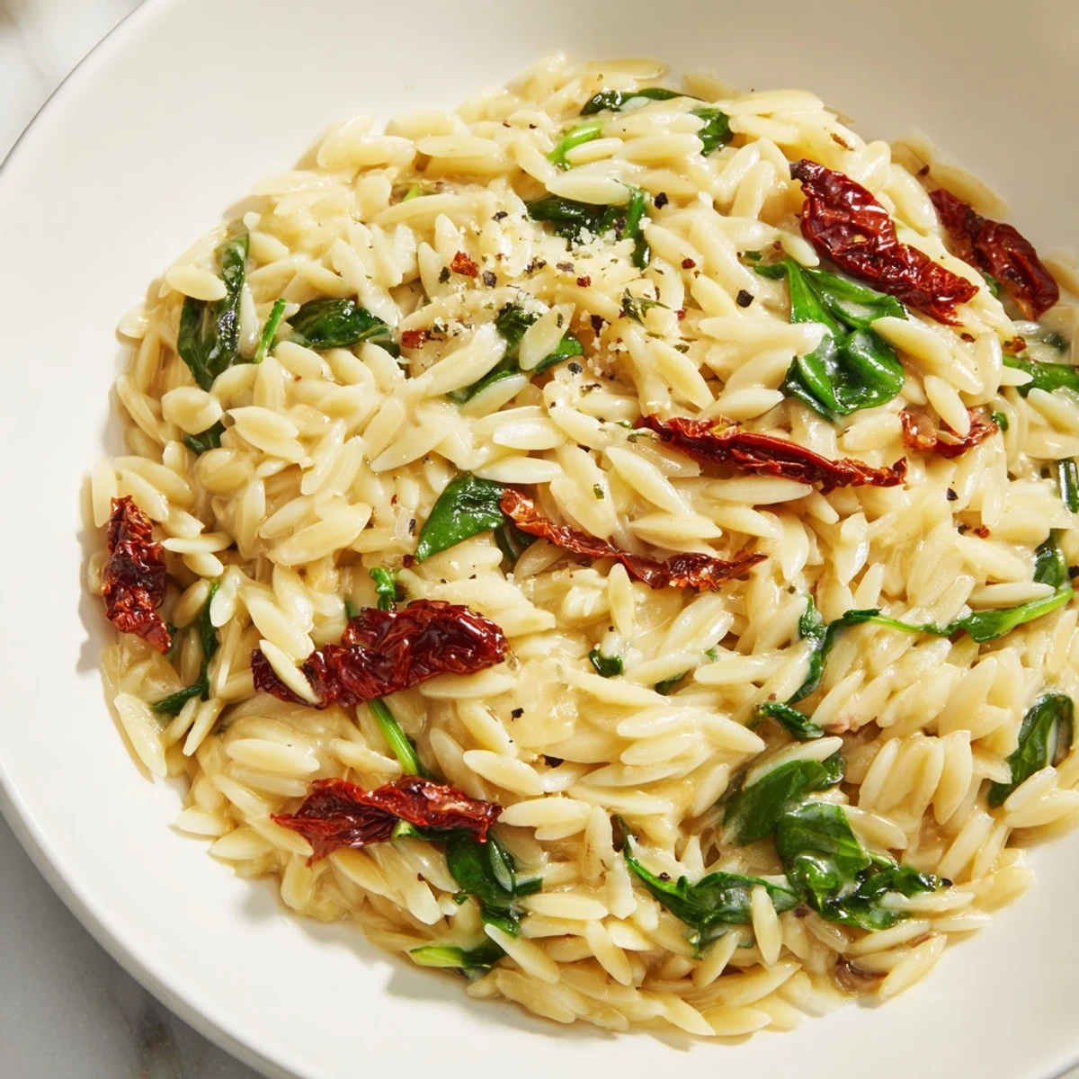 Creamy Tuscan Orzo Bowl with vibrant sun-dried tomatoes and spinach, ready to serve and enjoy.