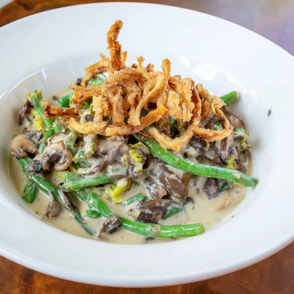 Golden, bubbly Old-School Green Bean Casserole with a crispy fried onion topping, perfect for Thanksgiving.