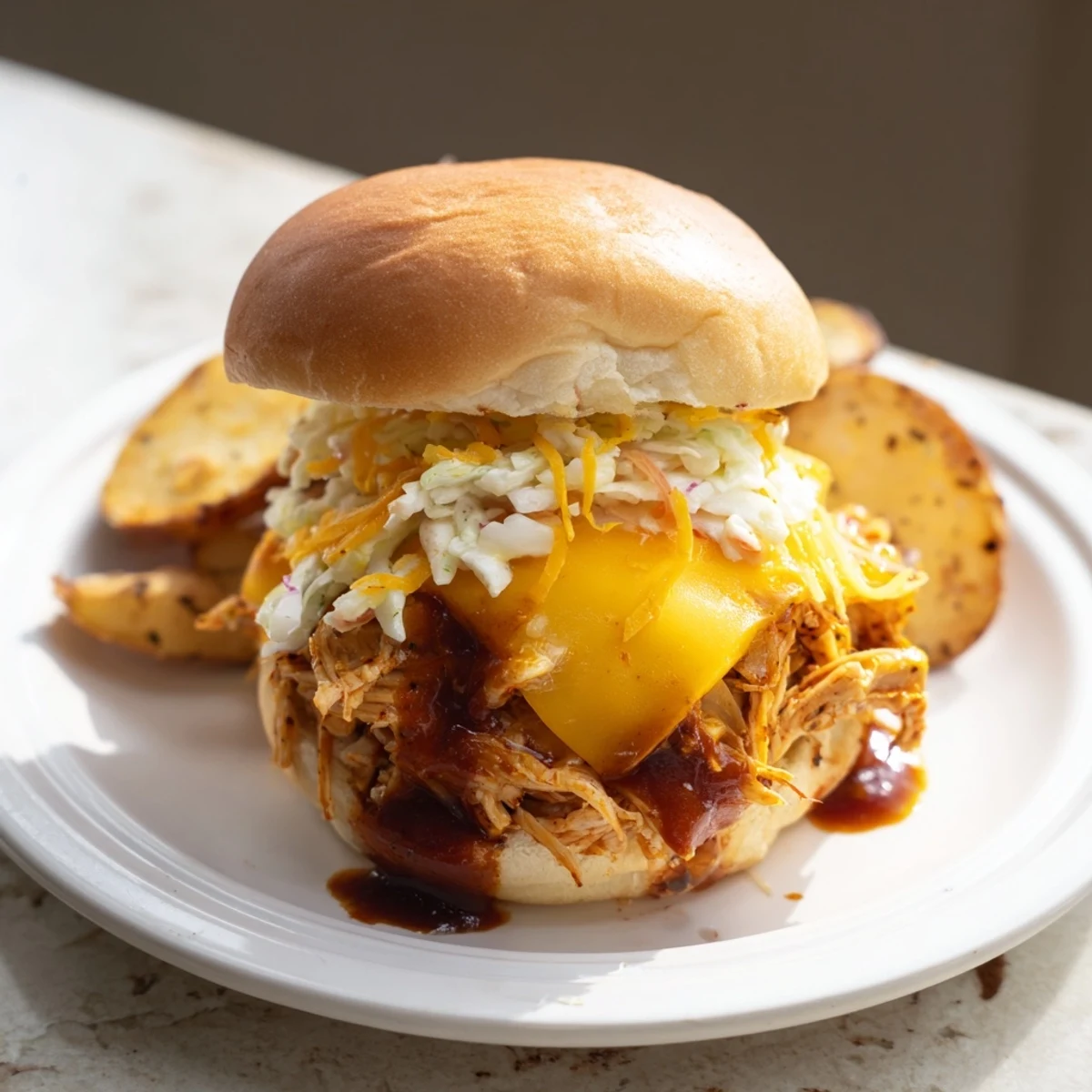 Tender BBQ chicken sliders stacked on toasted buns, served alongside a pile of golden-brown fries.