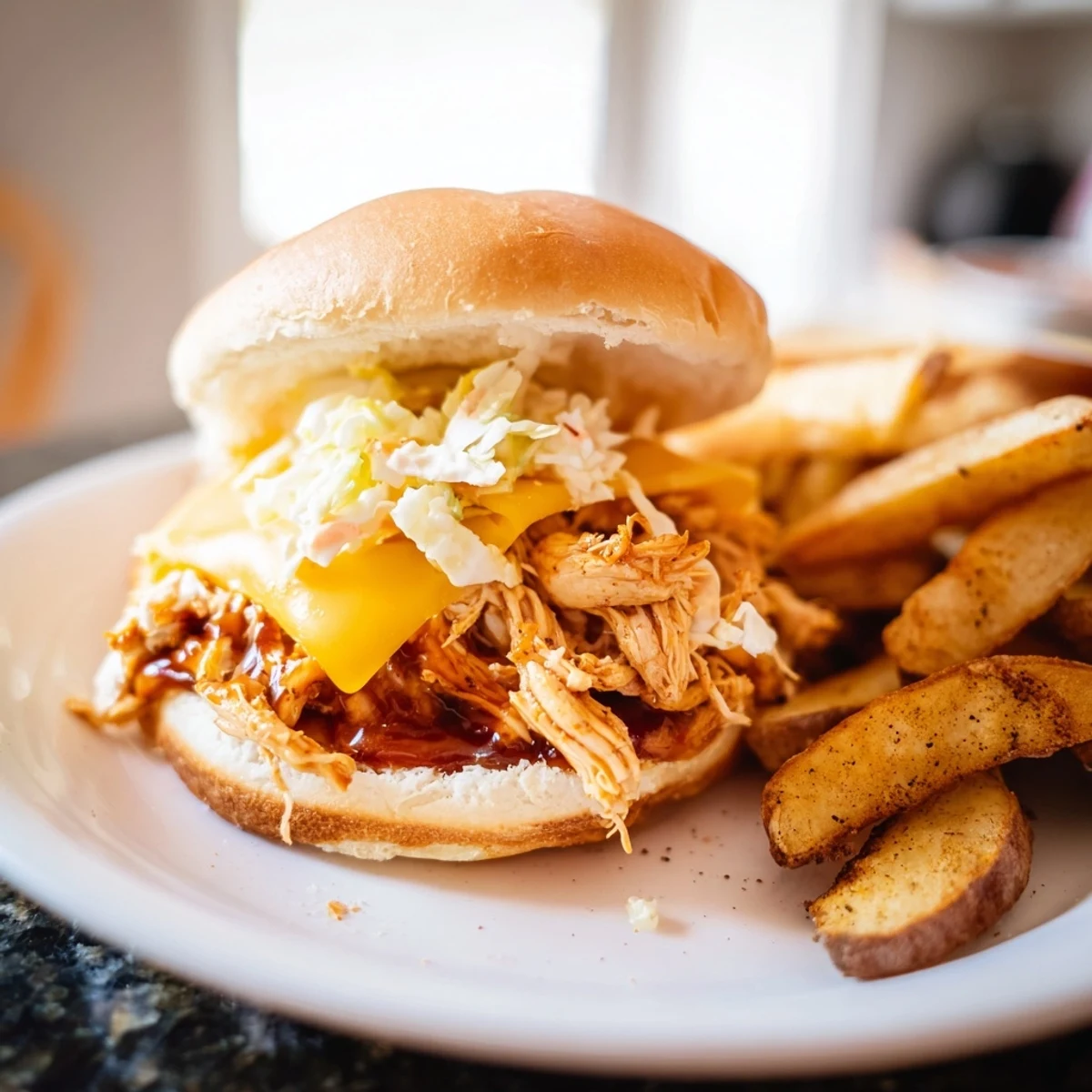 Juicy BBQ chicken sliders with melted cheese, coleslaw, and a side of perfectly crisp fries ready to eat.