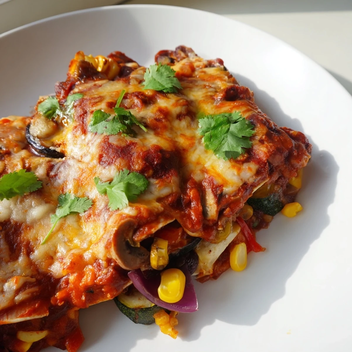 A close-up of Farmers Market Vegetarian Enchiladas, filled with colorful vegetables, perfect for dinner.