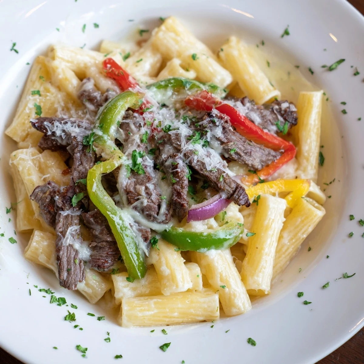 Steaming Philly Cheesesteak Pasta with tender beef, peppers, onions, and creamy cheese, ready to serve.