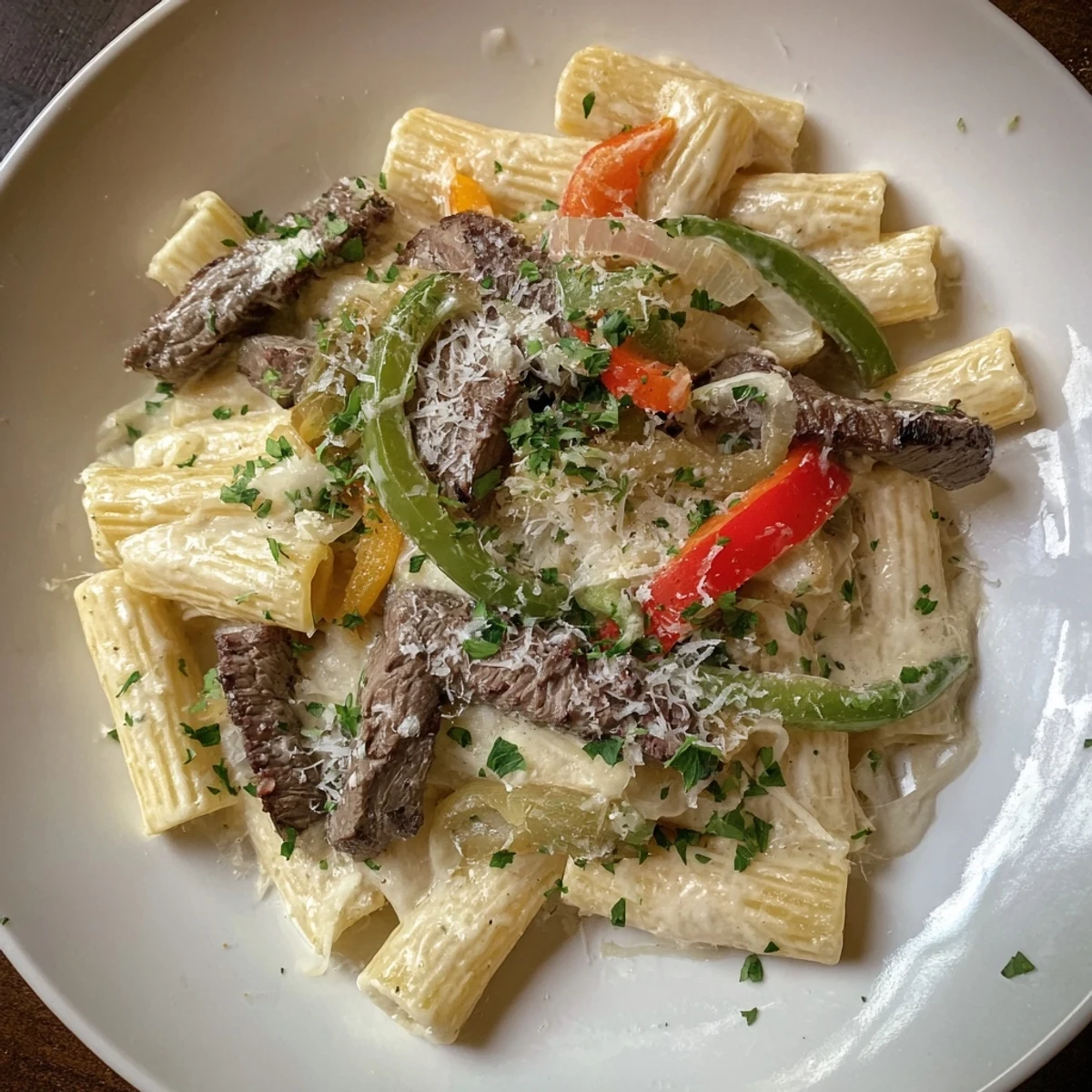 Savory Philly Cheesesteak Pasta with melted provolone covering flavorful beef and pasta, delicious!