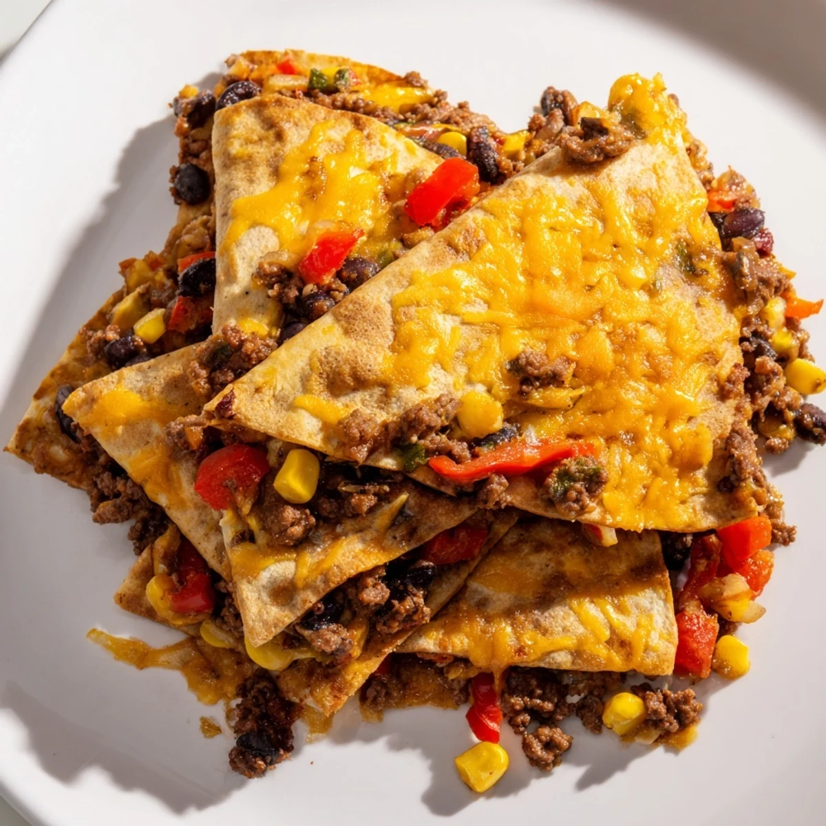 Golden, bubbly sheet pan quesadillas filled with seasoned beef, ready to be sliced and served.