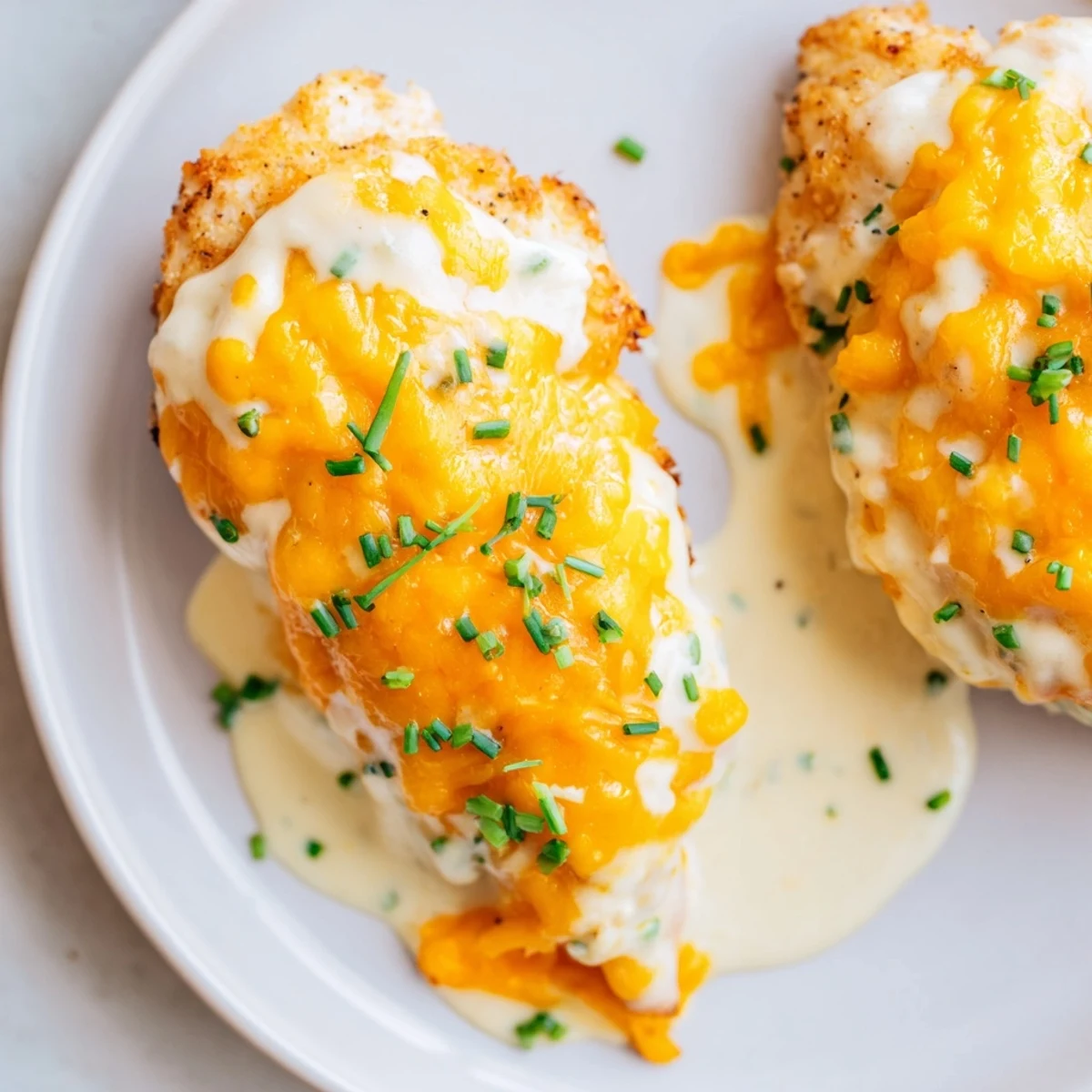 Golden, bubbly Cheddar Ranch Chicken Bake topped with melted cheese and fresh herbs, ready to serve.