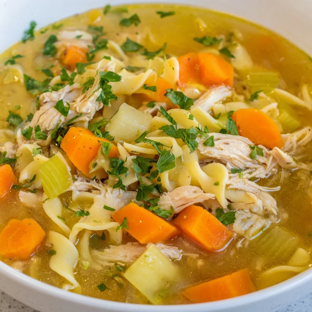 Steaming bowl of homemade chicken noodle soup, with fluffy egg noodles and fresh parsley garnish.