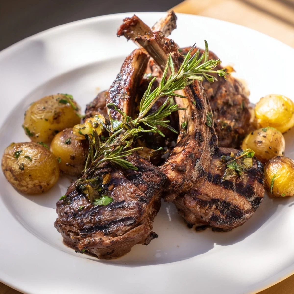 Sizzling herbed lamb chops with crispy roasted potatoes, plated with fresh parsley, inviting and delicious.