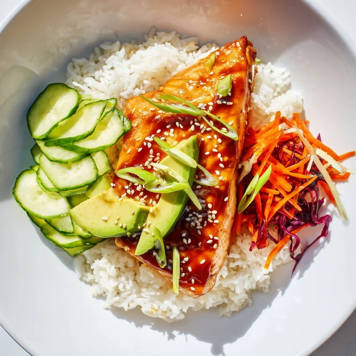 Golden-brown sweet chili salmon rests atop fluffy rice, ready in this vibrant rice bowl.