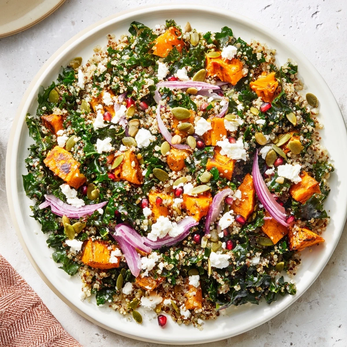 Enjoyable Kale & Quinoa Salad features roasted sweet potatoes, a lemon dressing, and fresh ingredients.