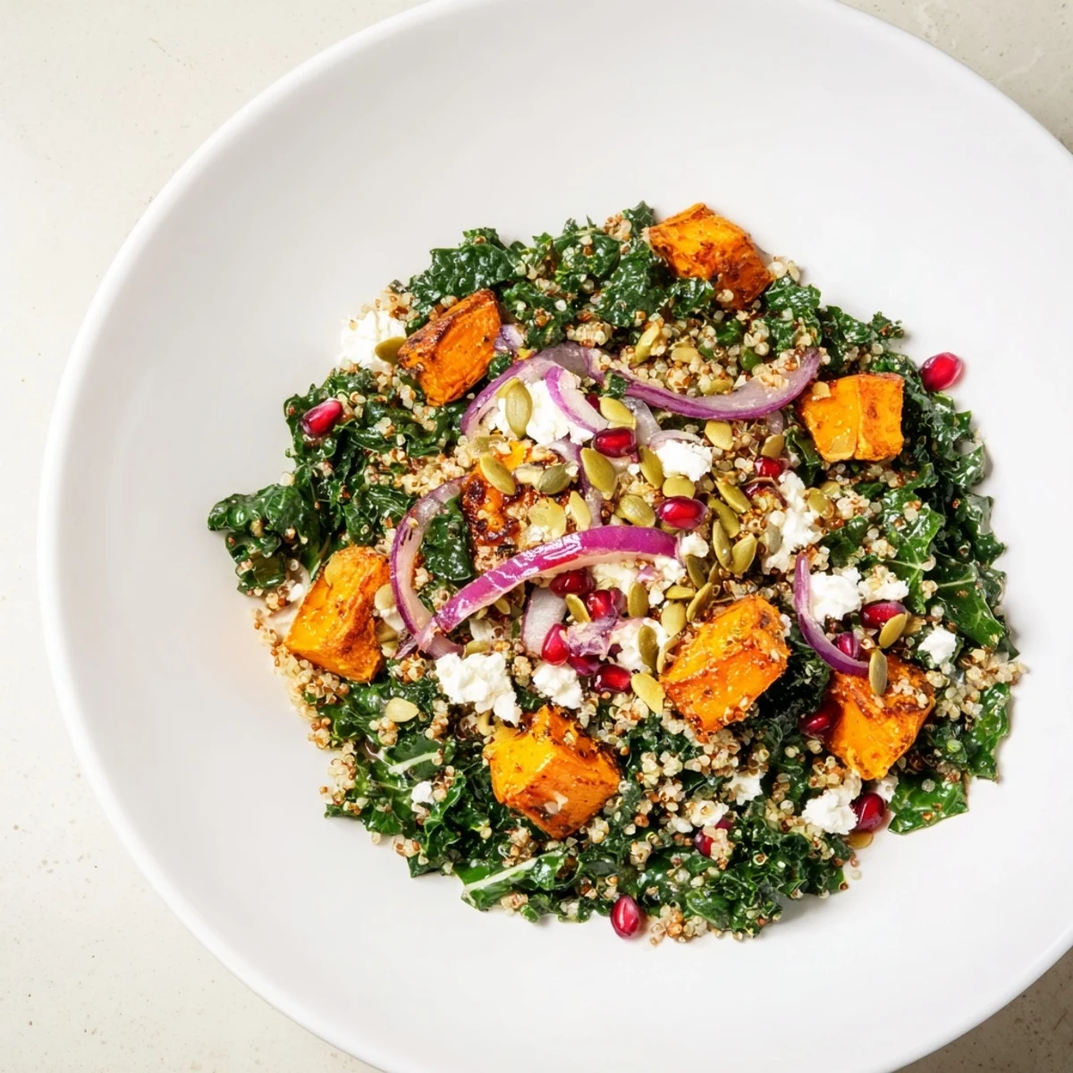 A bright, close-up view of the Kale & Quinoa Salad with a beautiful lemon dressing.