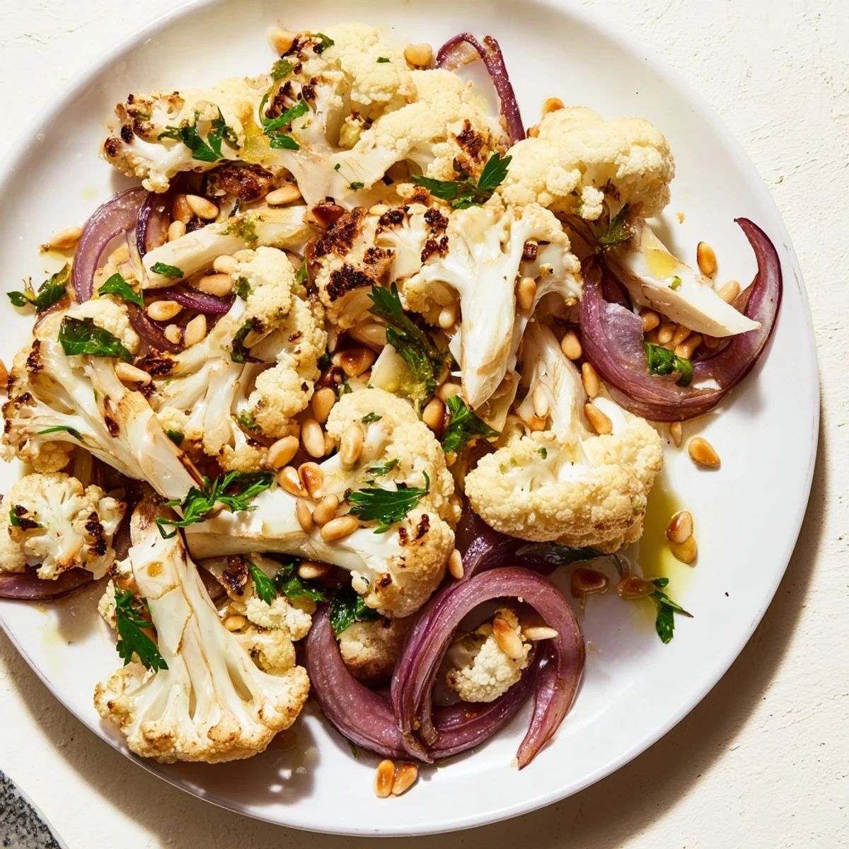 Delicious warm roasted cauliflower & lemon pine-nut dressing salad, perfect for a flavorful side dish.