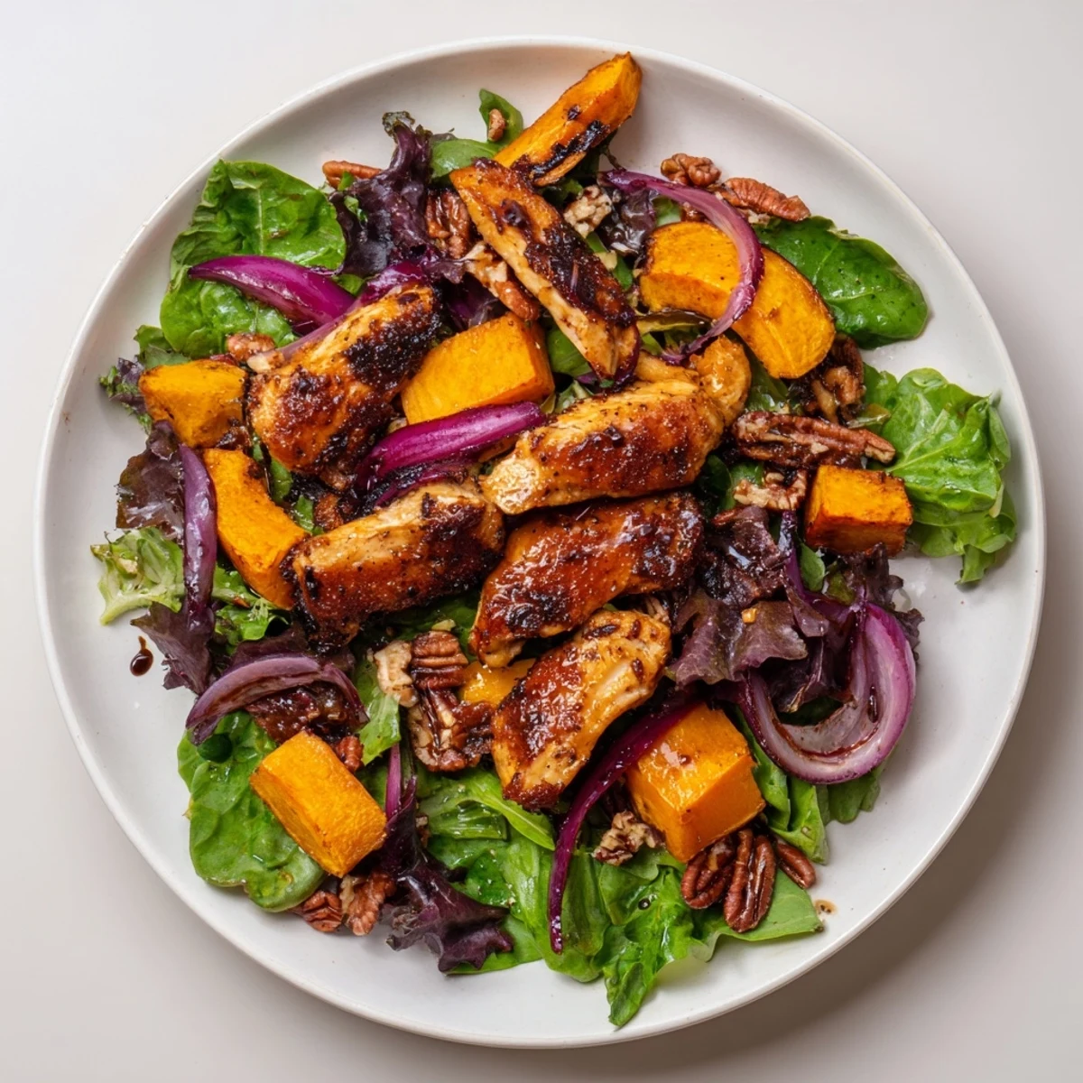 Golden roasted chicken and winter squash sheet-pan salad, a flavorful meal with toasted pecans and feta cheese.