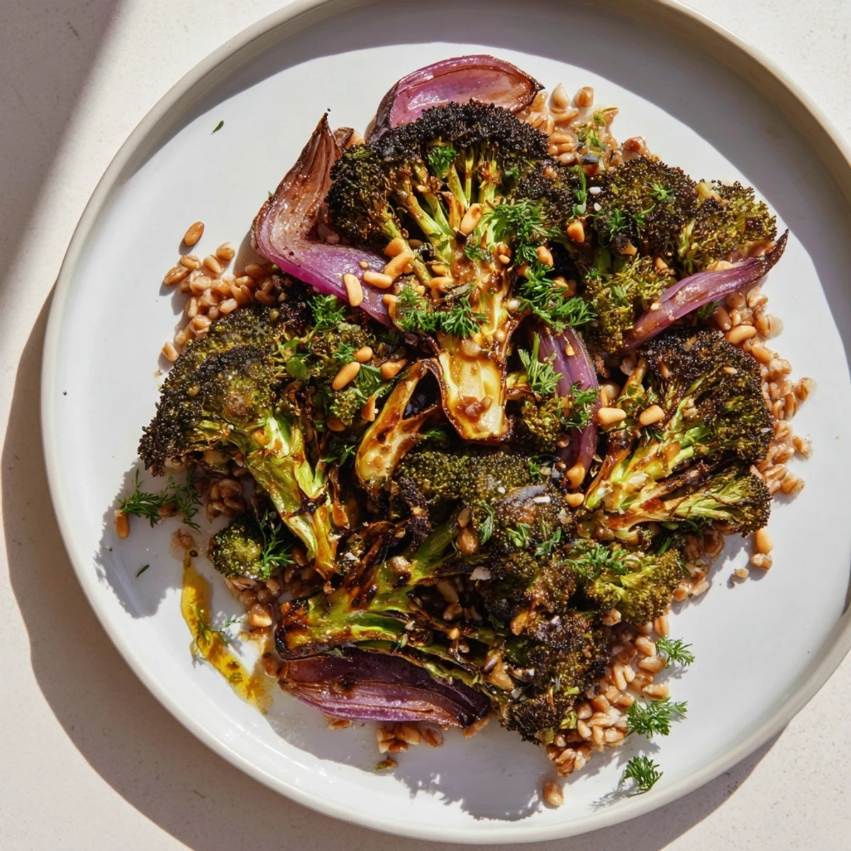Golden-brown roasted broccoli with garlic-lemon dressing served atop fluffy farro, a delicious meal.