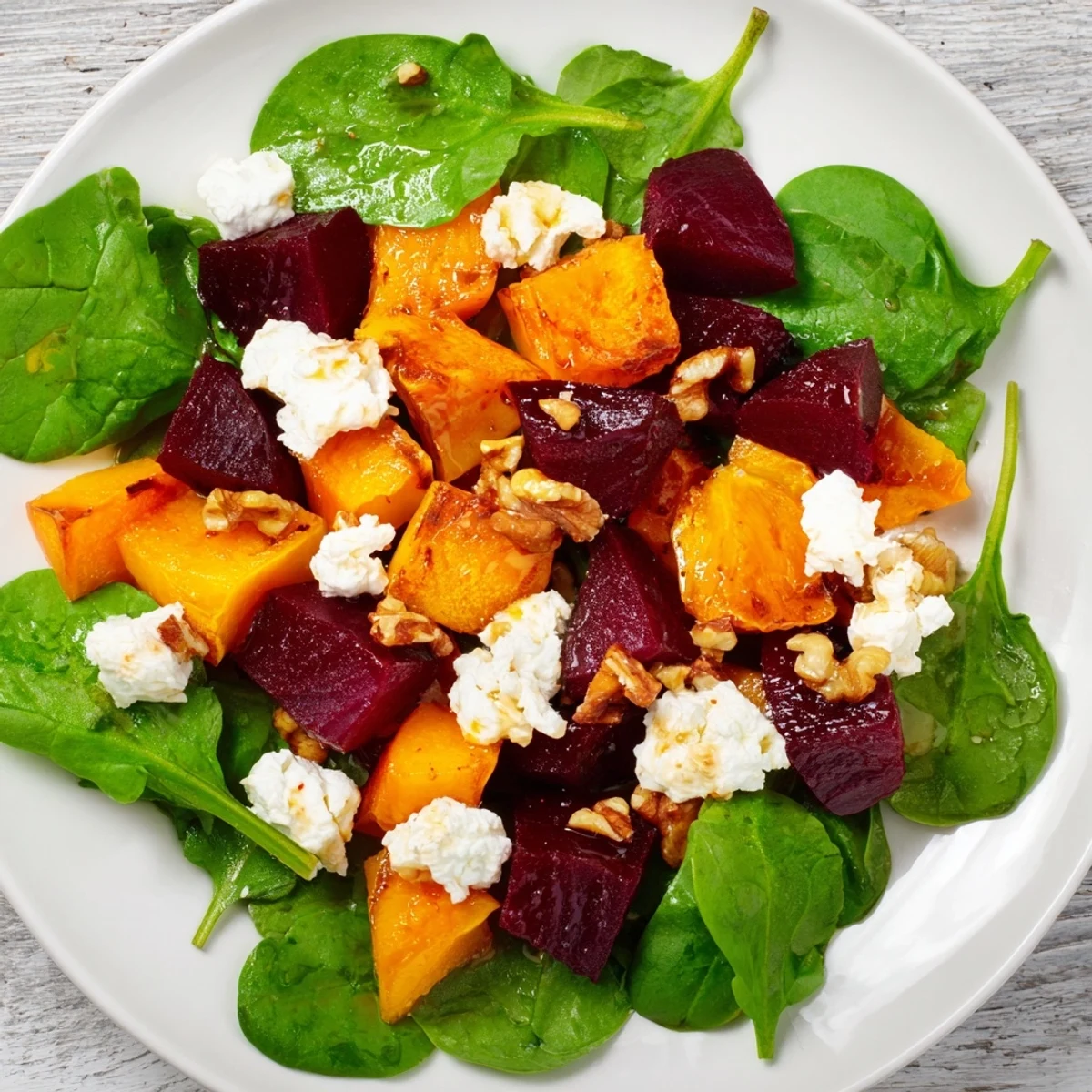 Vibrant image of Roasted Beet, Butternut & Spinach Salad, garnished with crumbled goat cheese for deliciousness.
