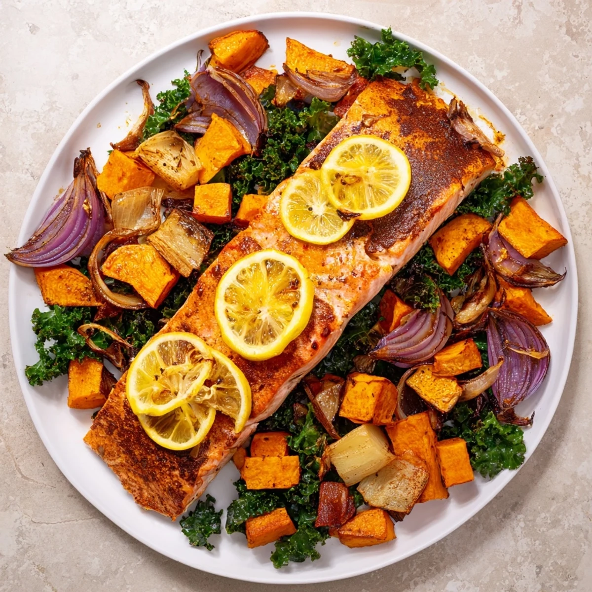 Flaky sheet-pan salmon with winter root vegetables, tender and beautifully caramelized, ready to serve.