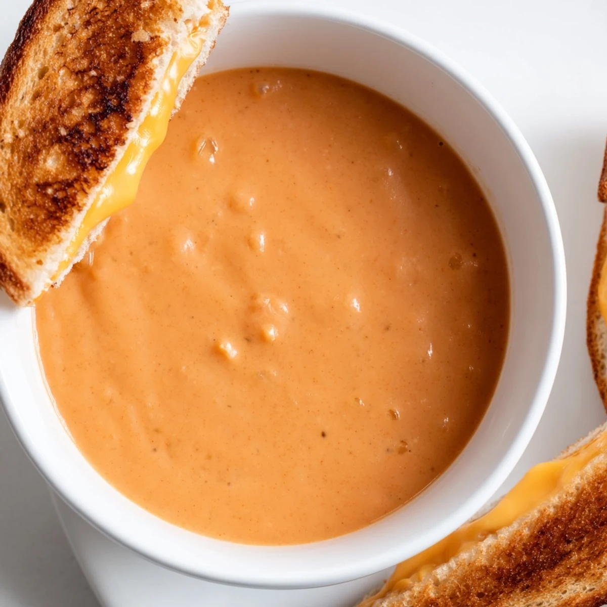 A steaming bowl of 5-Ingredient Tomato Soup served with golden, crispy grilled cheese sticks.