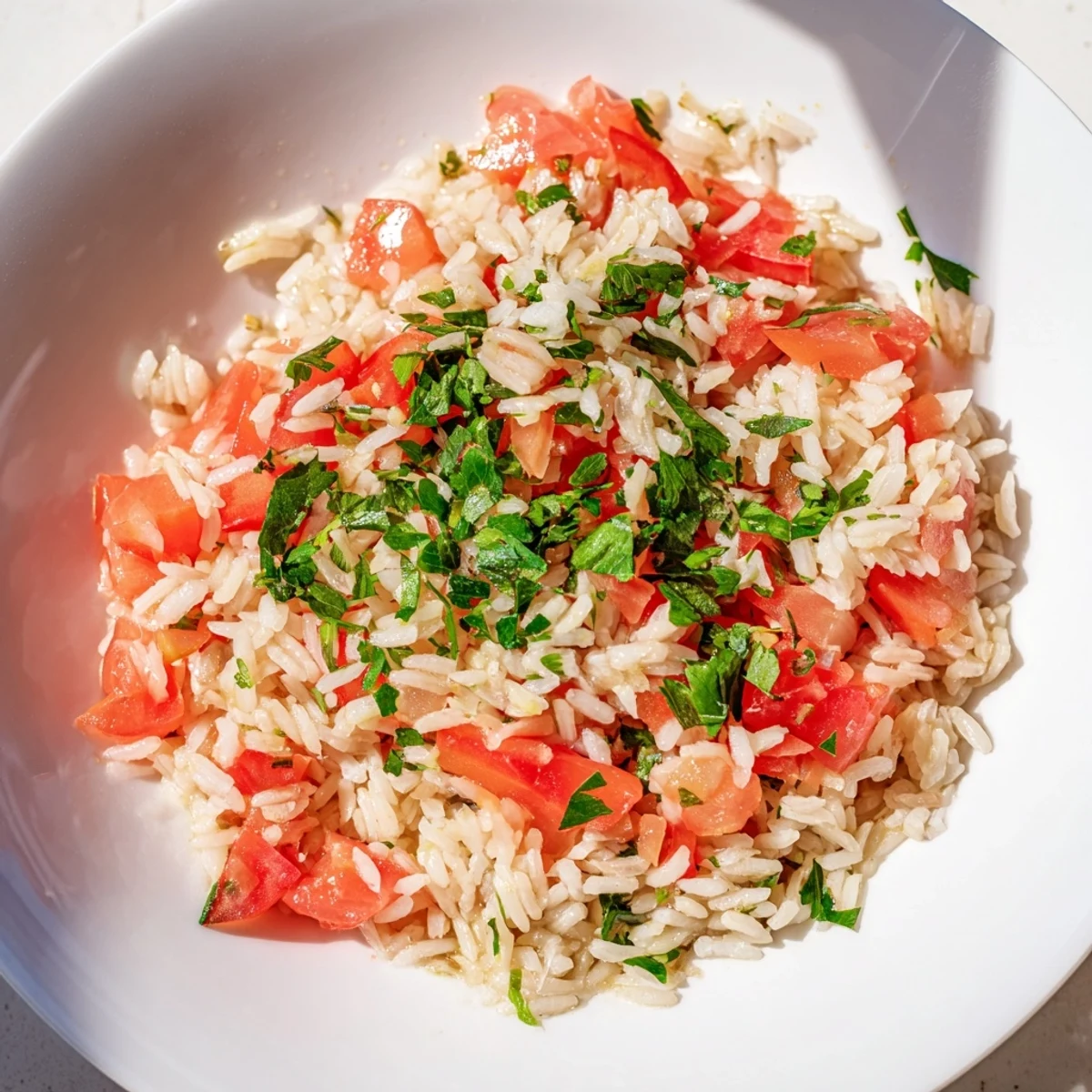Steaming tomato-rice skillet dinner, a one-pan meal with fluffy rice and vibrant tomato sauce.