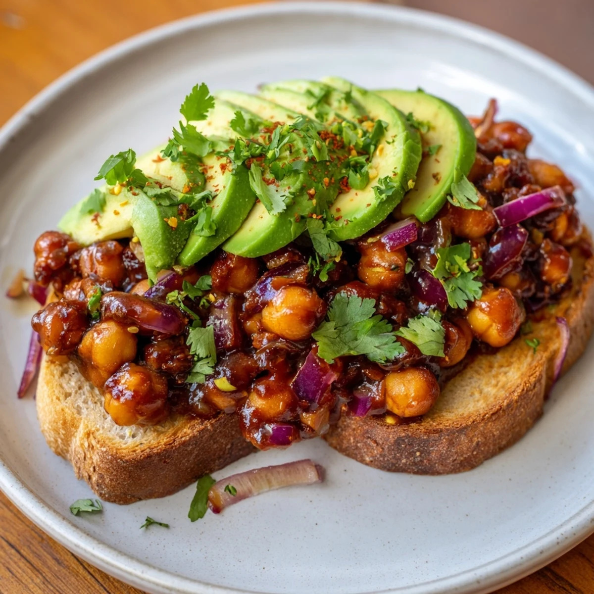 BBQ Chickpeas on Toast piled high on toasted bread, a vibrant and flavorful vegan lunch.